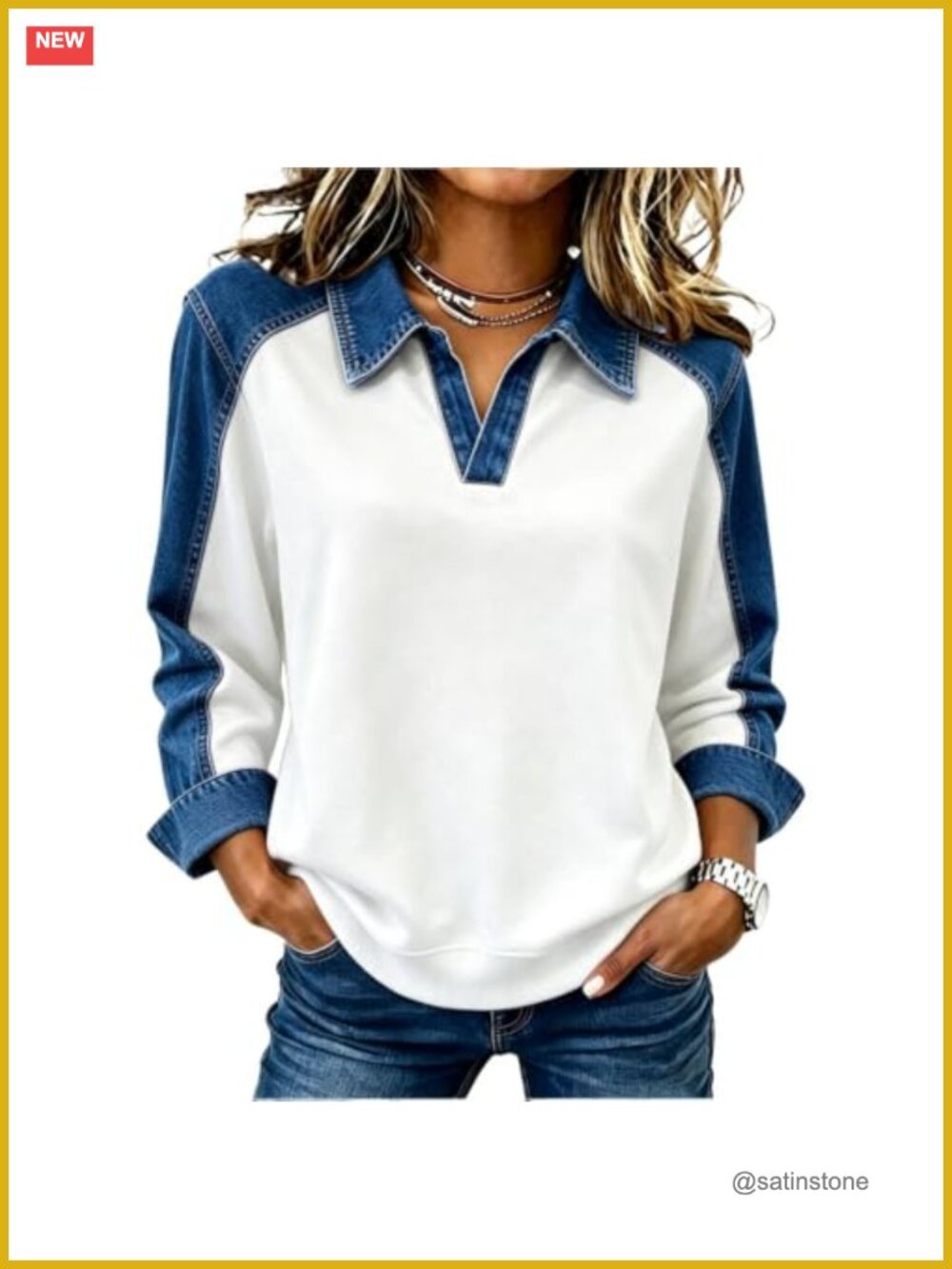 Women's Patchwork Denim Accent Pullover Sweatshirt Long Sleeve